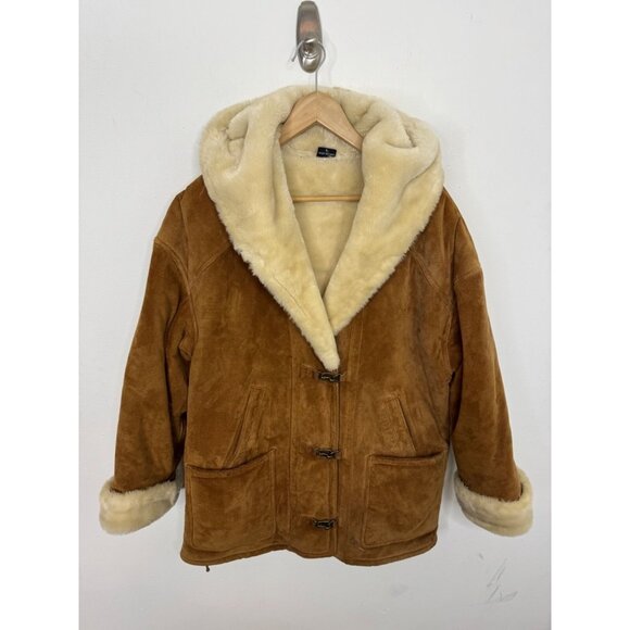 Gallery Tan Leather Faux Shearling Hooded Coat Women's L Oversized Toggle Style - Picture 1 of 9